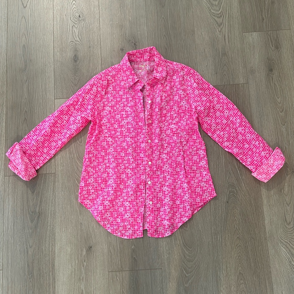 NEW Lilly Pulitzer Sea Coast Hot Pink Linen Blouse button down long sleeve XS